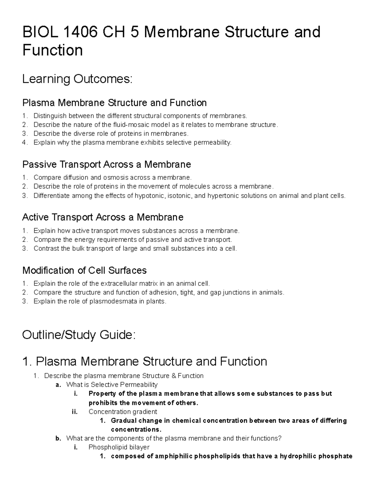 BIOL 1406 CH 5 Membrane Structure and Function - BIOL 1406 CH 5 ...