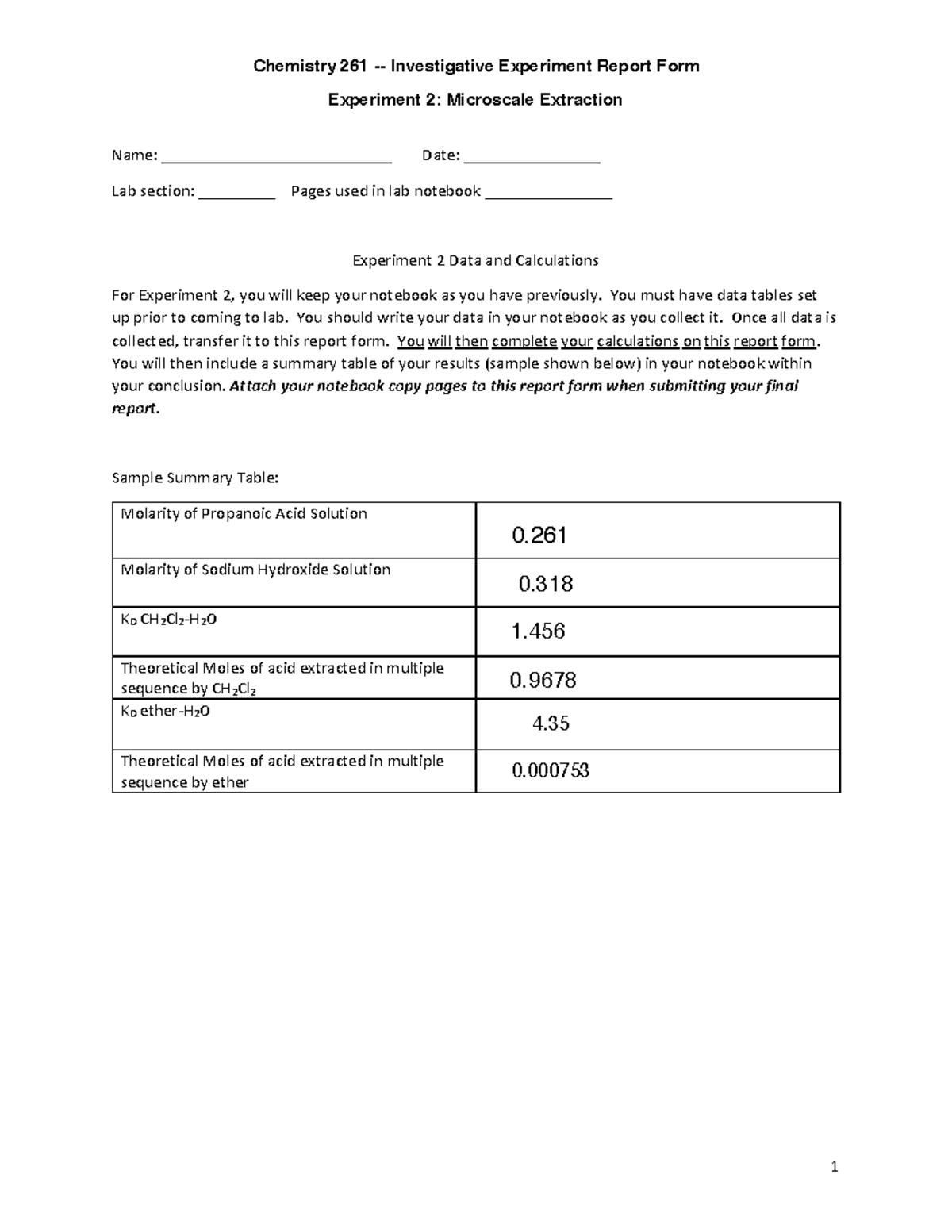Extraction Report Form - Chemistry 261 Investigative Experiment Report ...