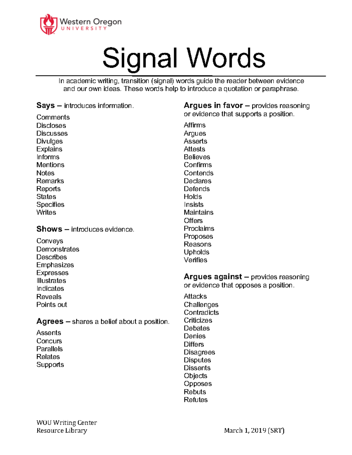 Signal-Words-1 - WOU Writing Center Resource Library March 1, 2019 (SRT ...