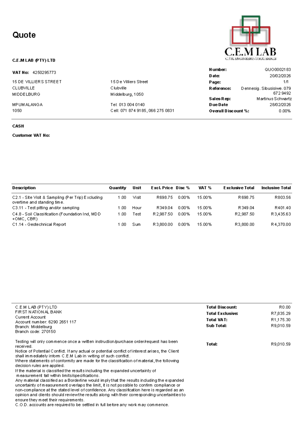 Quotation for C.E.M LAB (PTY) LTD - QUO0002183 - Studocu