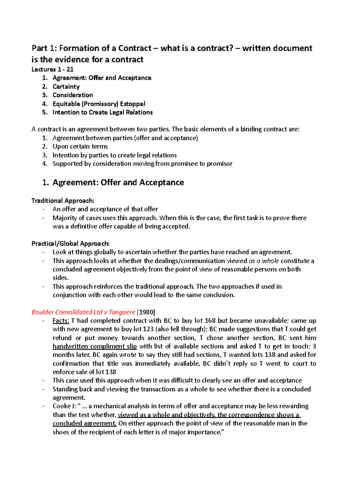 Part 1 - Summary of Lectures - Part 1: Formation of a Contract – what ...