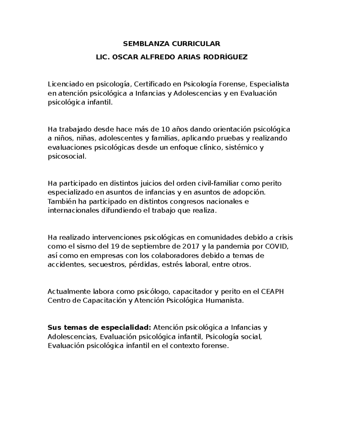 Semblanza Curricular Lic. Oscar A. Arias - Psicología Forense y Clínica ...