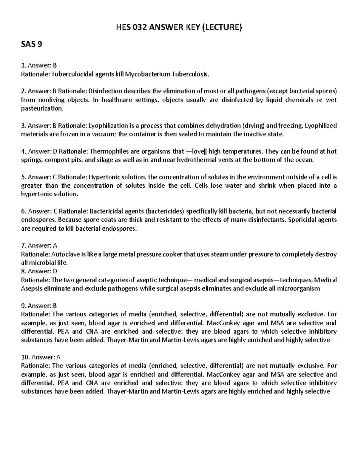 HES 032 AK SAS 9-12 - SAS 9-12 - HES 032 ANSWER KEY (LECTURE) SAS 9 ...