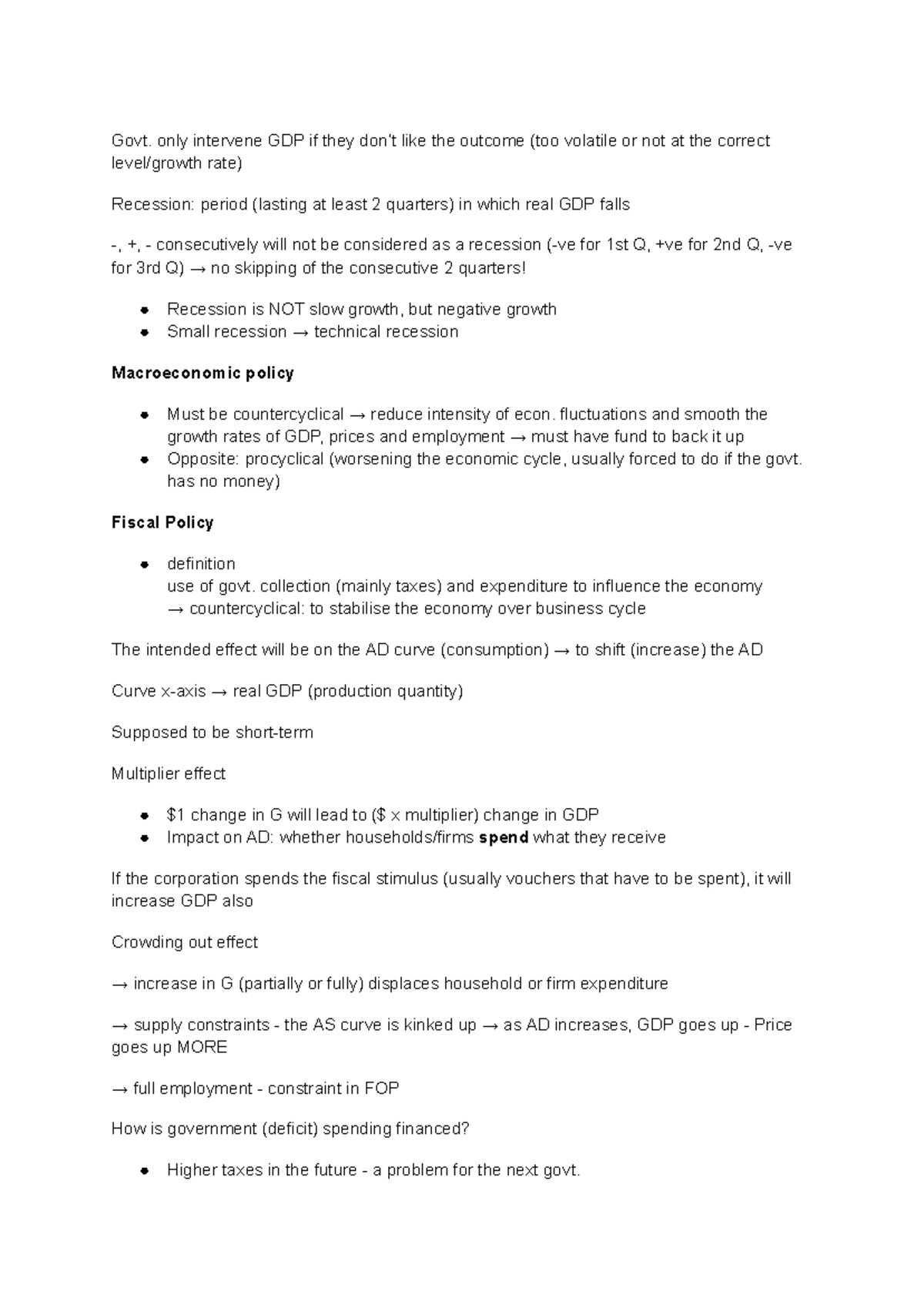 COR2100 Macro Demand Policy Notes: Key Points on Fiscal & Monetary ...