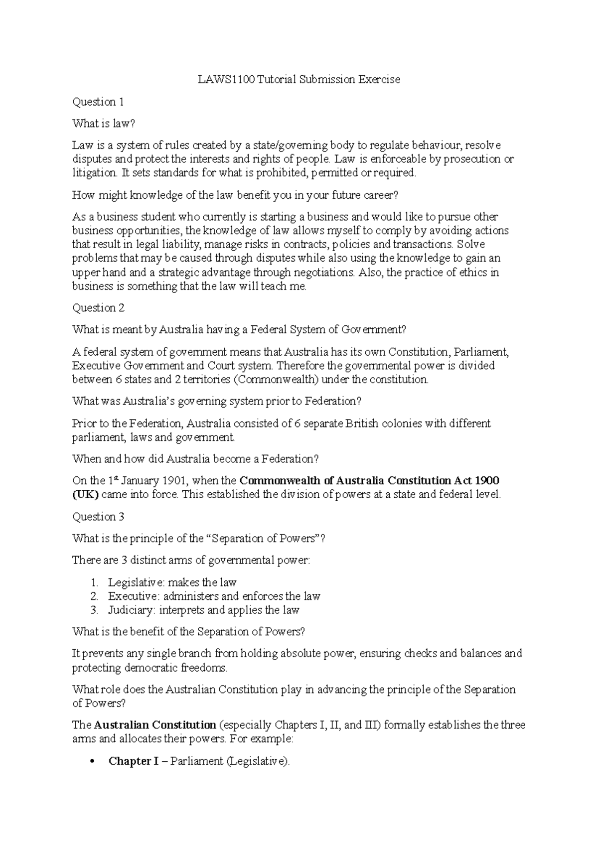 LAWS1100 Tutorial Submission: Understanding Law and Government ...