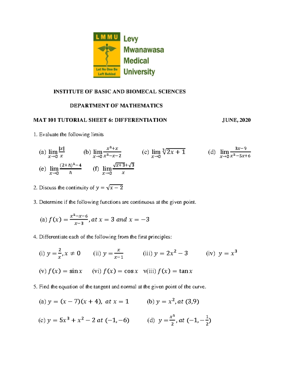 MAT 101 Tutorial Sheet 6: Limits and Differentiation Concepts - Studocu