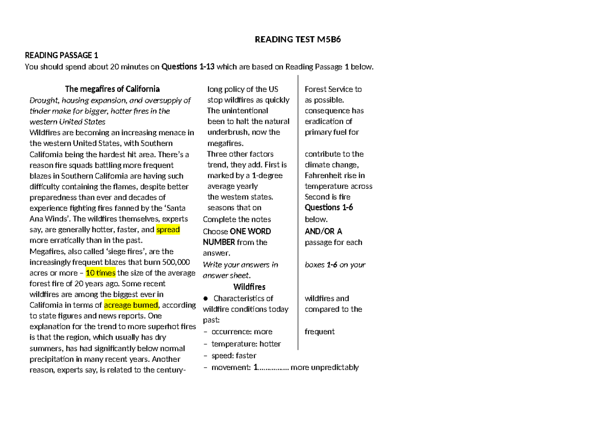 Reading test 5 handout - READING TEST M5B READING PASSAGE 1 You should ...