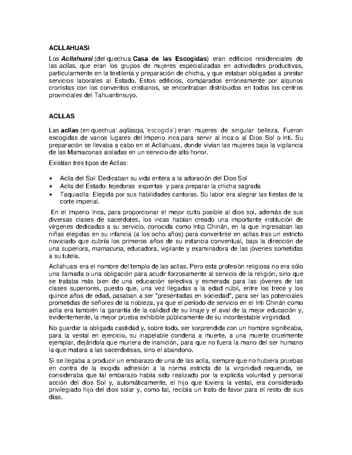 ACL 101: Acllahuasi y el Rol de las Acllas en el Imperio Inca - Studocu