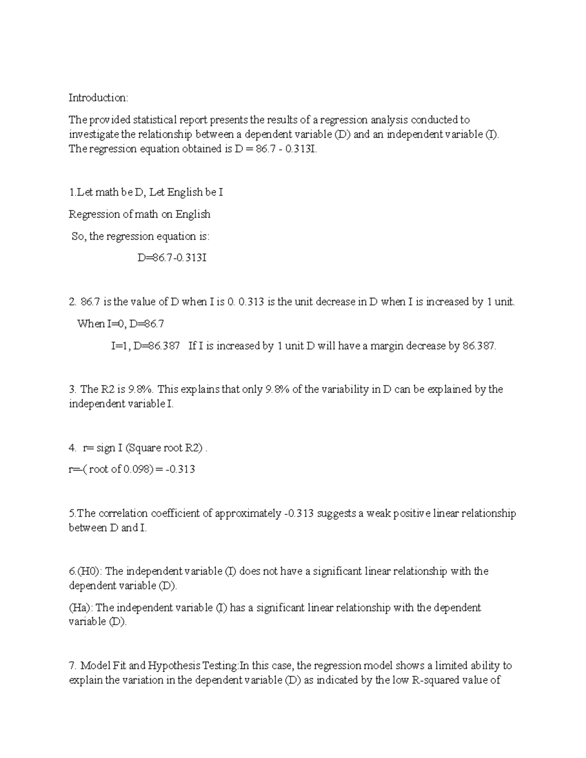 Business Intelligence Classwork: Regression Analysis Report - Studocu