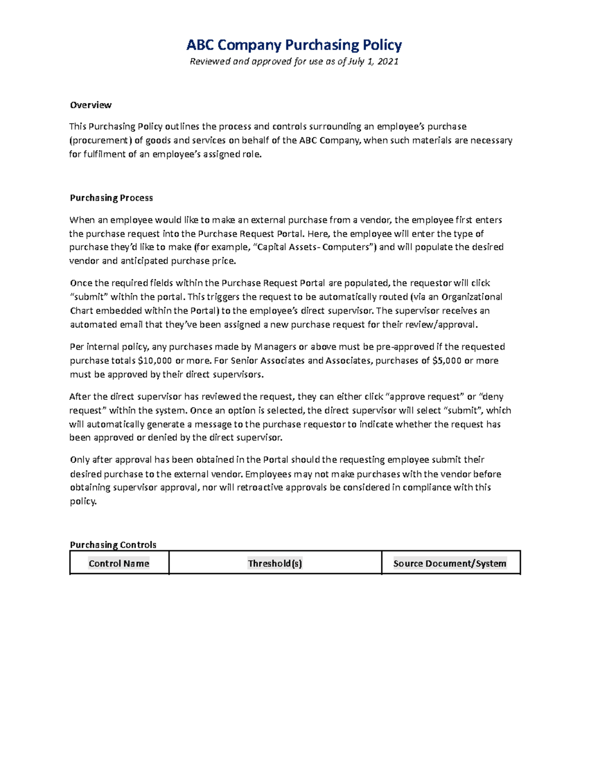 ABC Company Purchasing Policy Overview and Process Guide - Studocu
