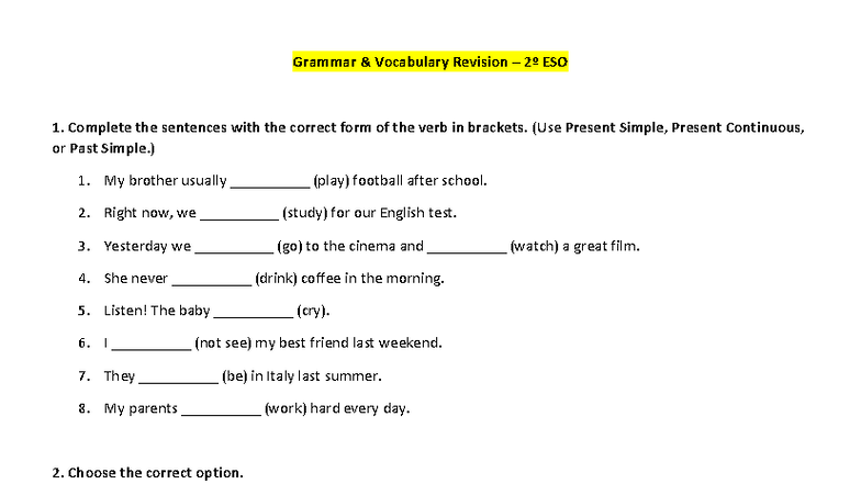 Grammar and Vocabulary Revision 2º ESO: Verb Forms and Sentence ...