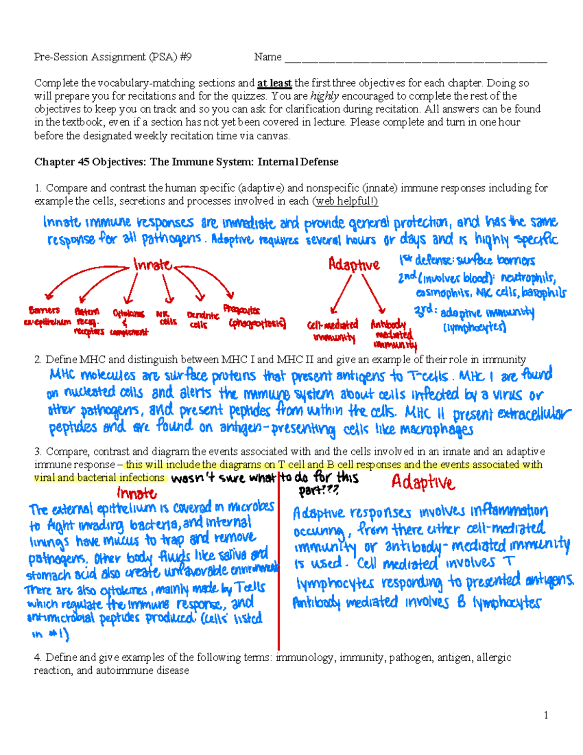 PSA 9: Immune system objectives and key concepts for recitation - Studocu