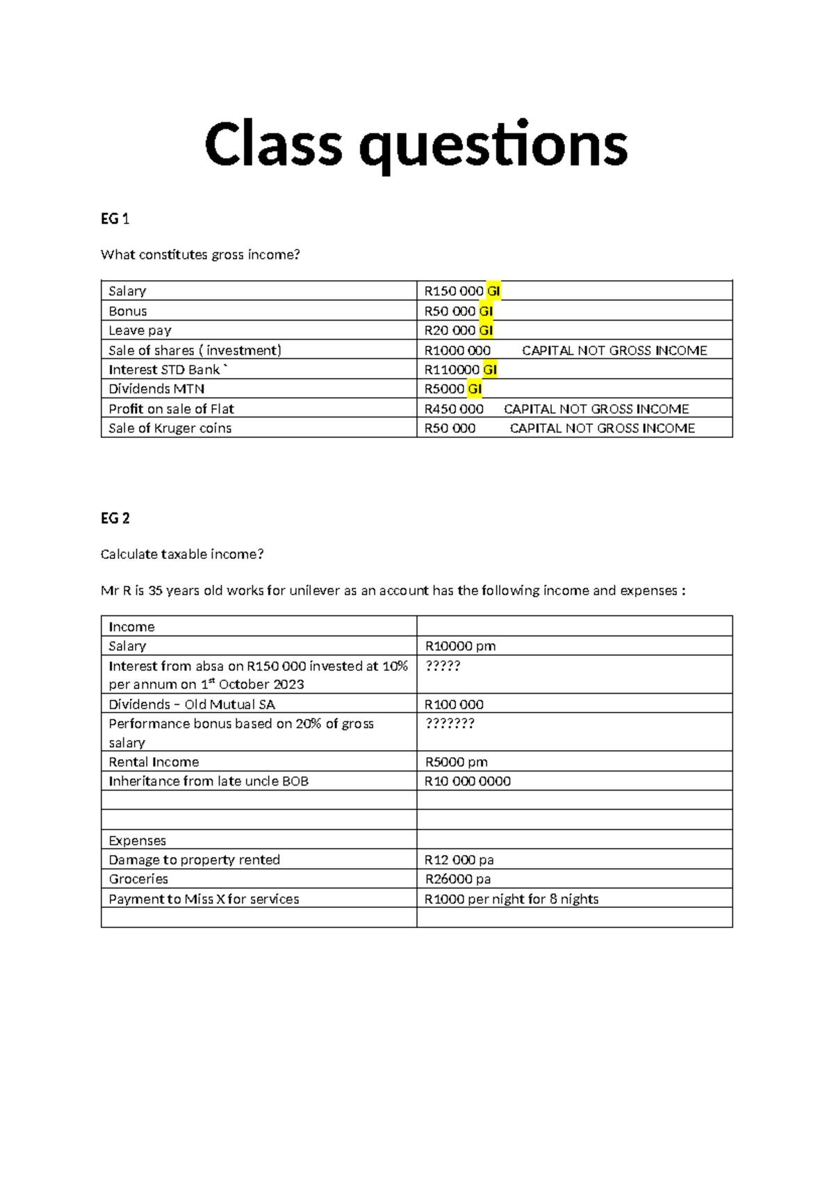 Class Questions 2024 - EG Taxable Income Calculations and Scenarios ...