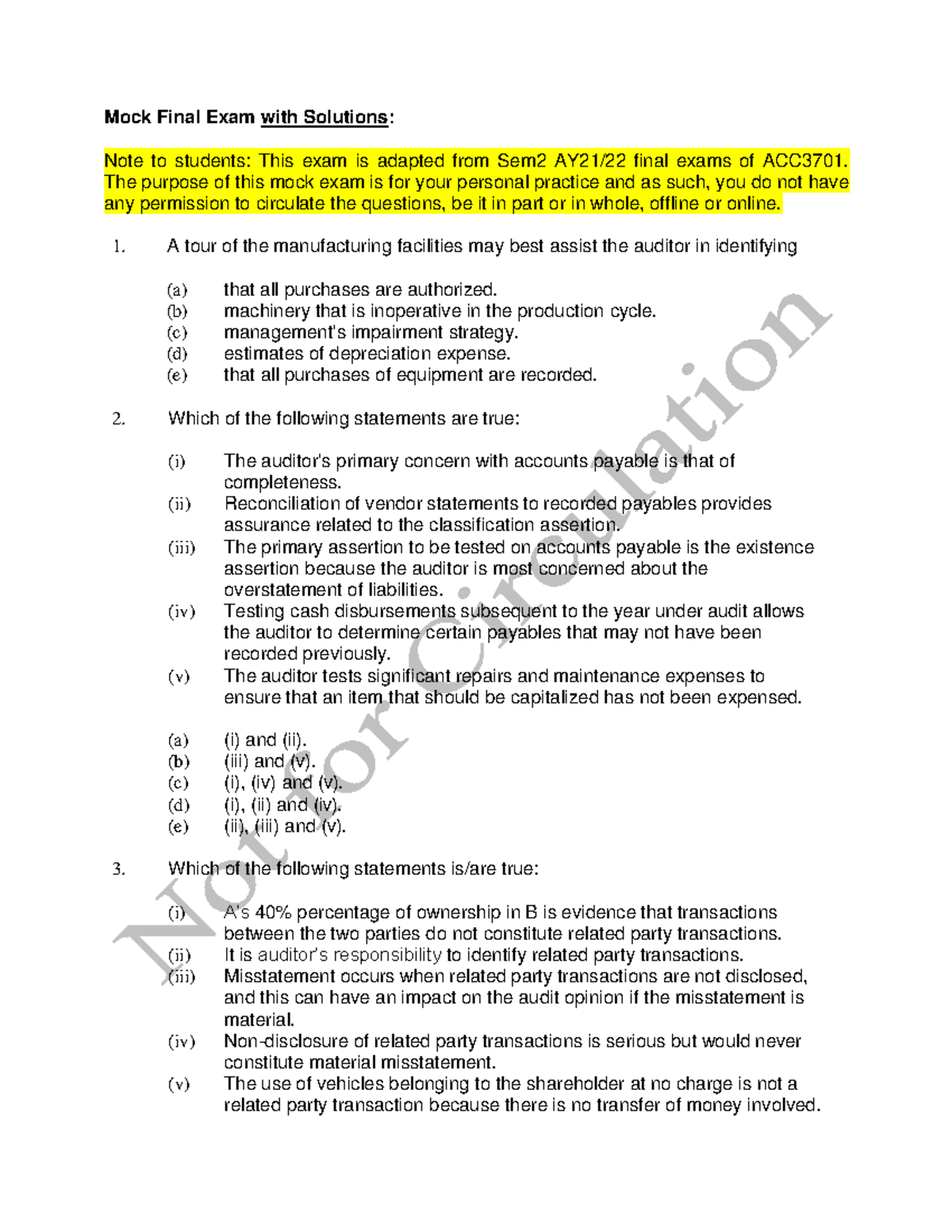 Mock Final Exam Solutions for ACC3701: Sem1Ay2425(2120) - Studocu