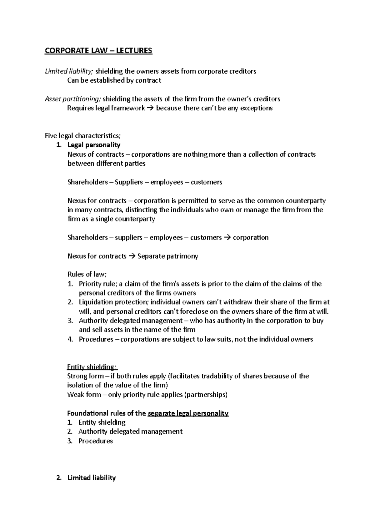 Corporate LAW - Lecture Notes on Legal Structures and Liability ...