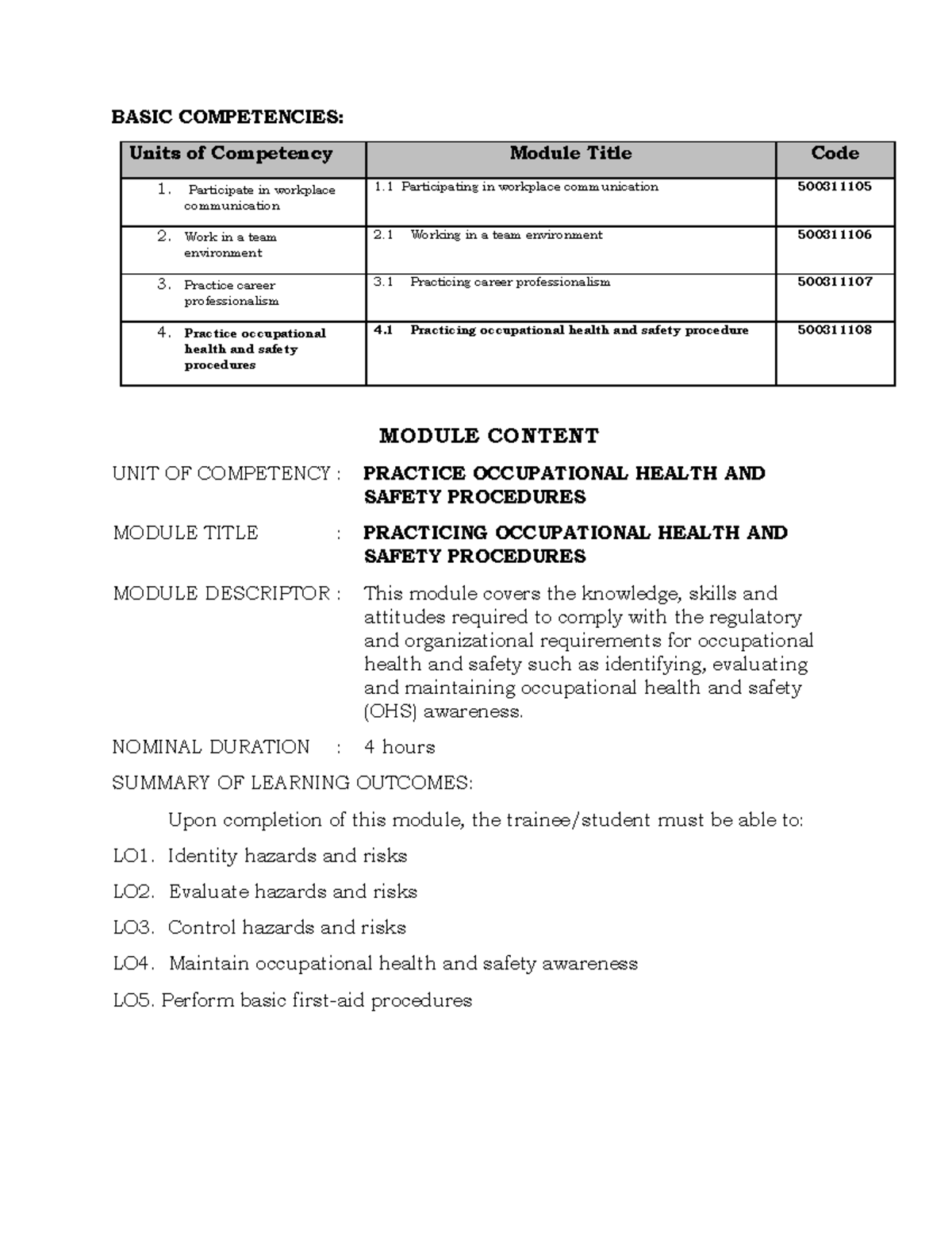 Basic UC 4: Practicing Occupational Health & Safety Procedures - Studocu
