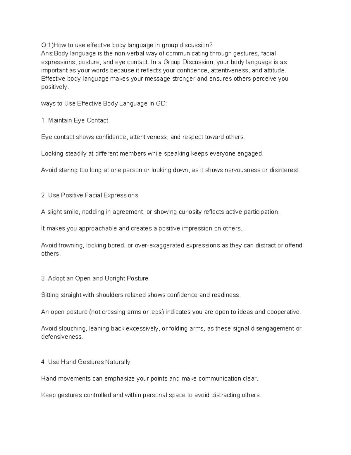 Effective Body Language and Group Discussion Skills (C2C Unit 4) - Studocu