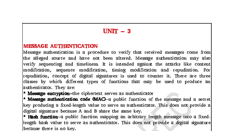 CNS UNIT 3 - Lecture Notes on Message Authentication Techniques - Studocu