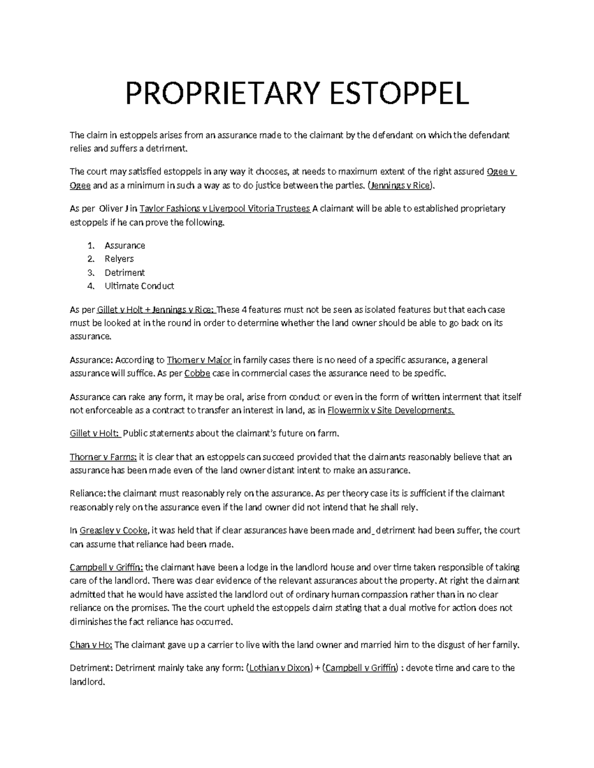 Proprietary Estoppel: Key Principles and Case Law Analysis - Studocu