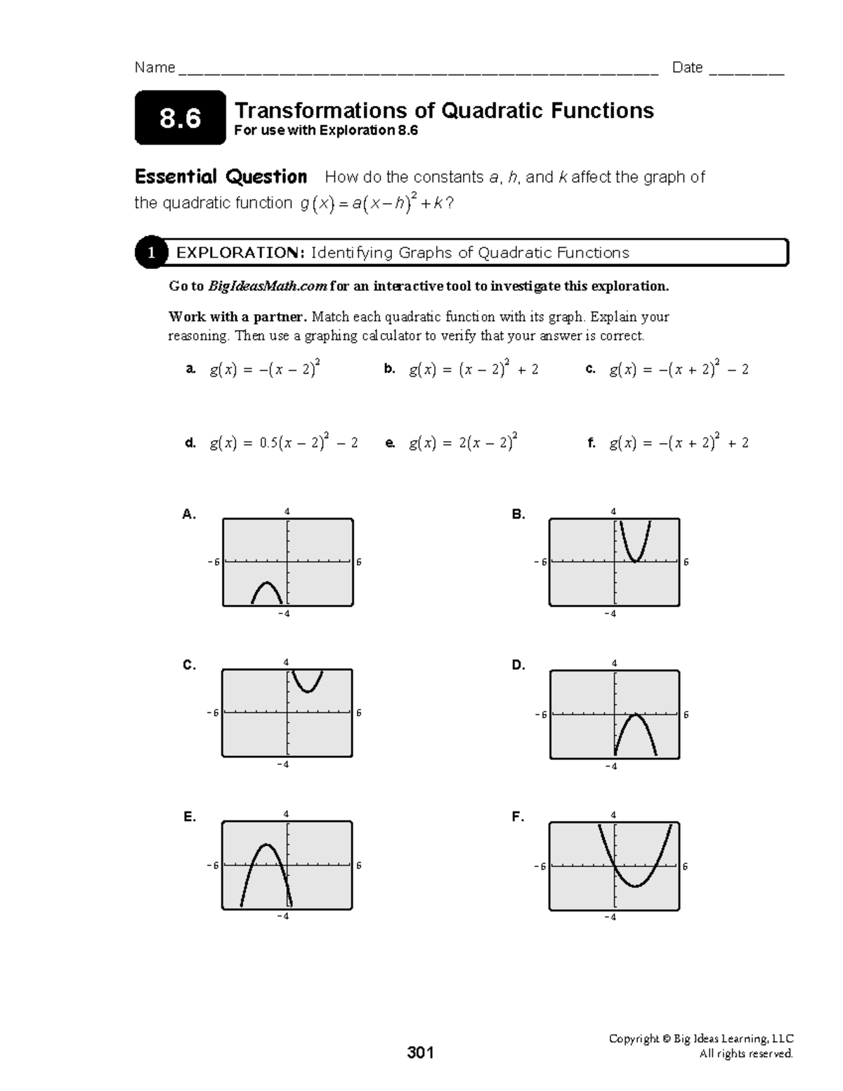 Transformations of Quadratic Functions - Integrated Math 8.6 Notes ...