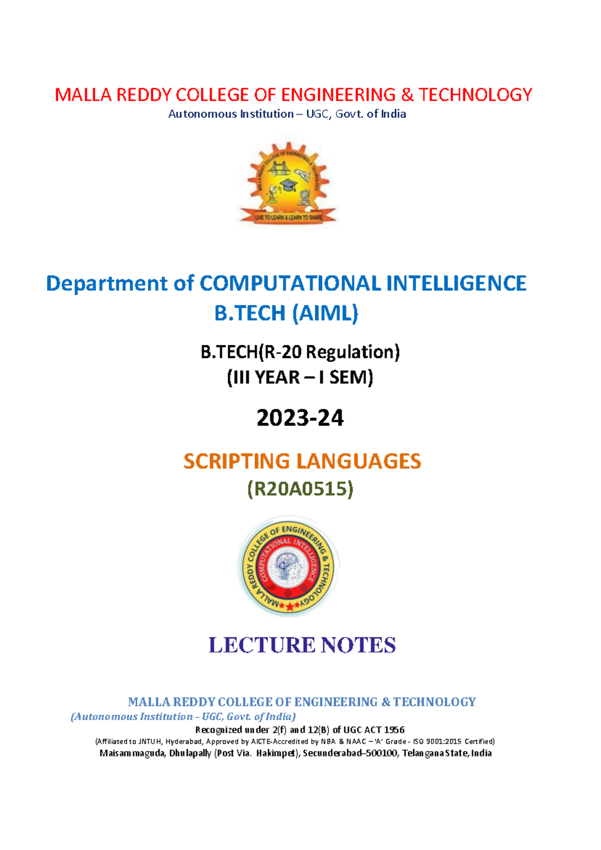 R20A0515 Scripting Languages - Lecture Notes for AI & ML (2023-24 ...