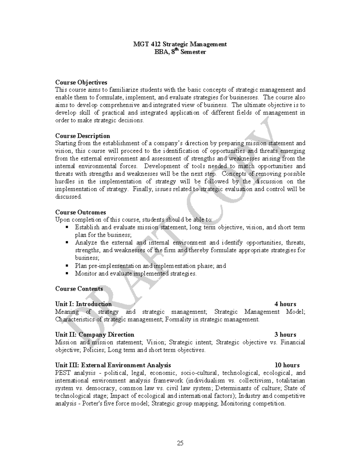BBA MGT 412 Strategic Management Course Syllabus and Objectives - Studocu