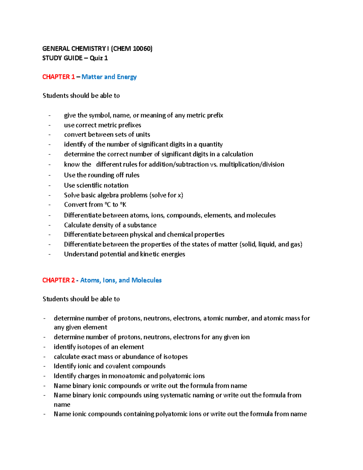 General Chemistry I (CHEM 10060) Quiz 1 Study Guide: Matter & Energy ...