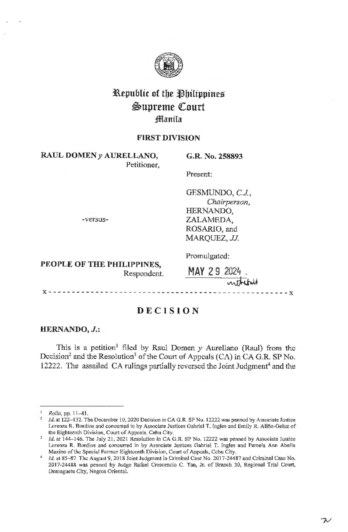 258893 - Criminal Case Decision: Raul Domen y Aurellano vs. People ...