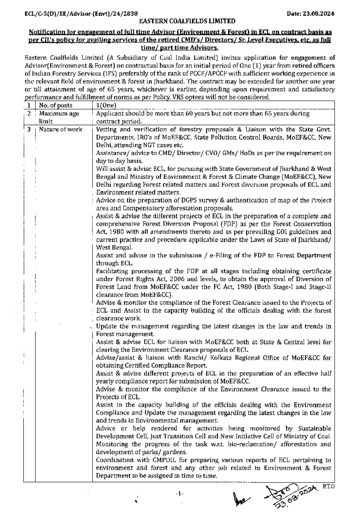 Notification ECL ee 2838-2024 - APPLICATION FORMAT For the Post of ...