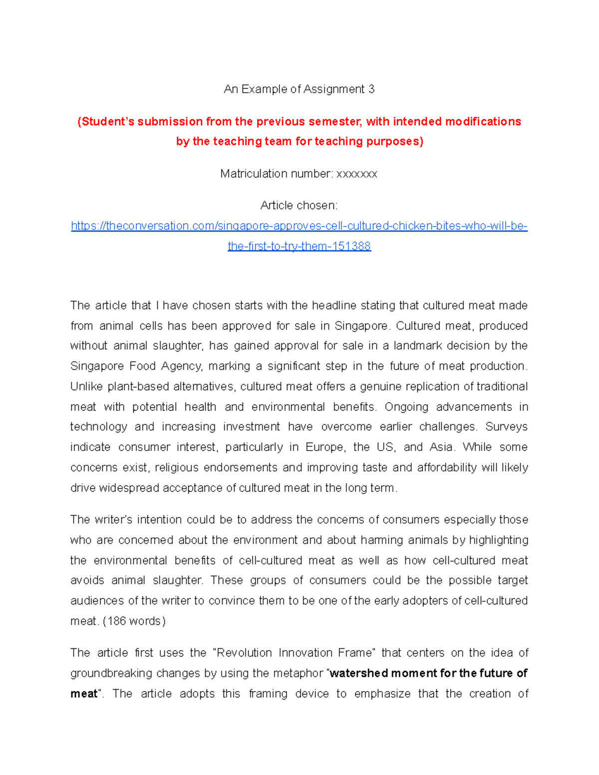 HSI2004 Assignment 3: Analysis of Cultured Meat in Singapore - Studocu