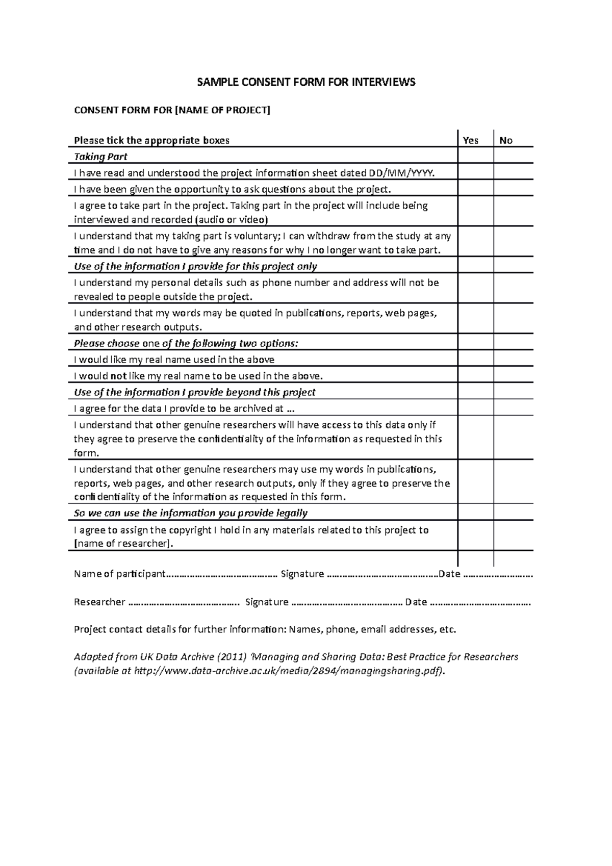 Sample Consent Form for Interviews in Research Projects - Studocu
