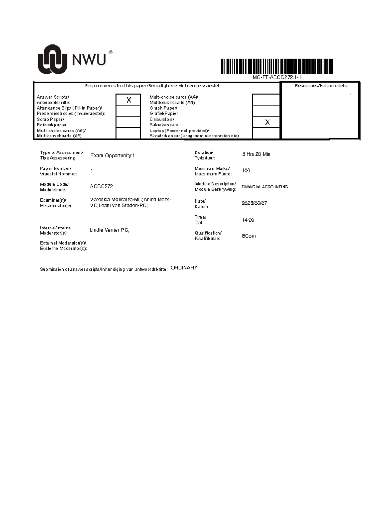ACCC272 Final Exam MC Paper 1 - June 2023 Details and Requirements ...