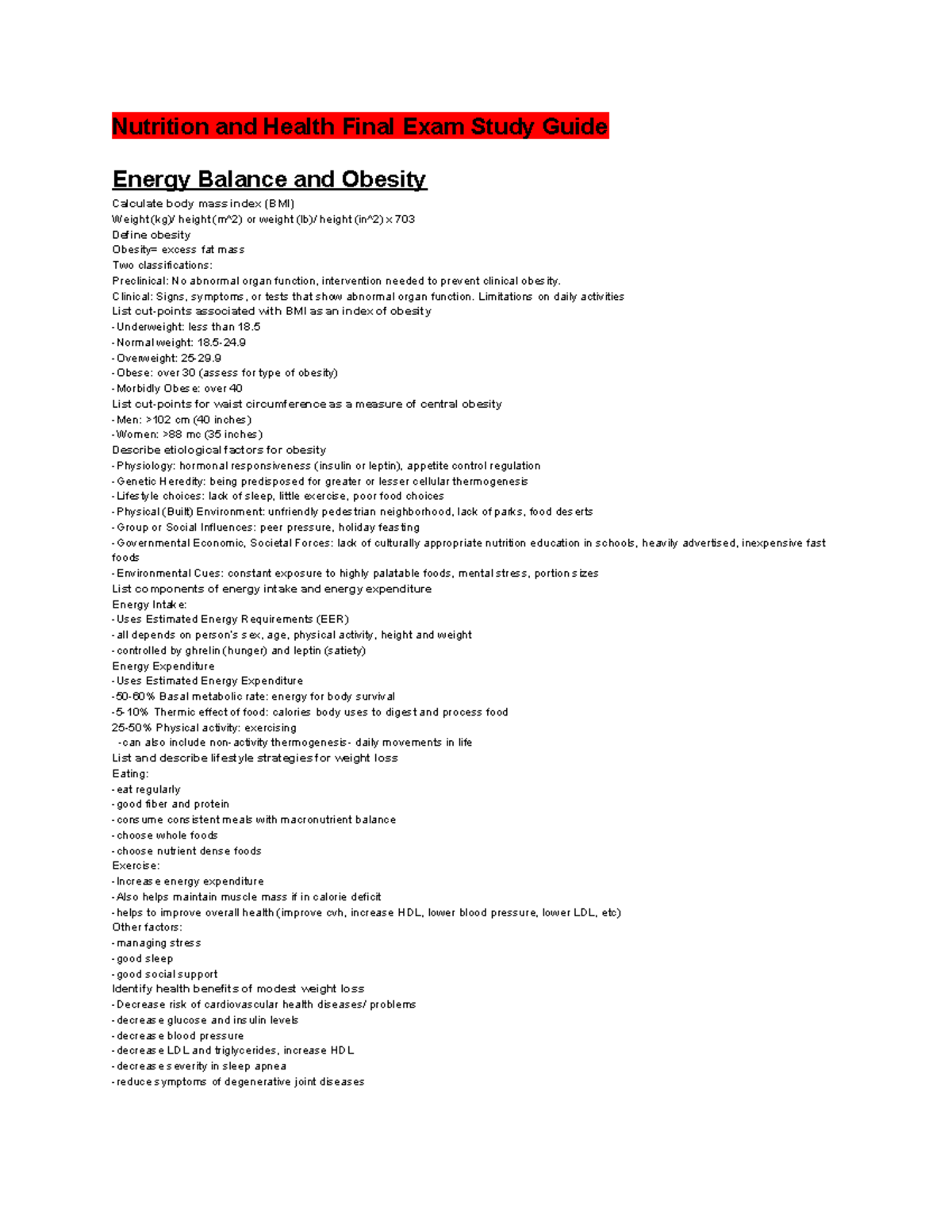 Nutrition 101 Final Exam Study Guide: Energy Balance & Obesity Insights ...