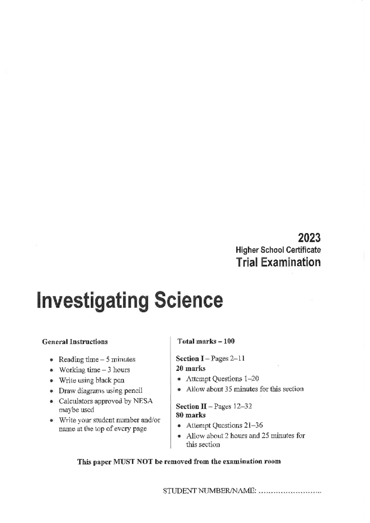 2023 HSC Investigating Science Trial Exam Instructions and Questions ...