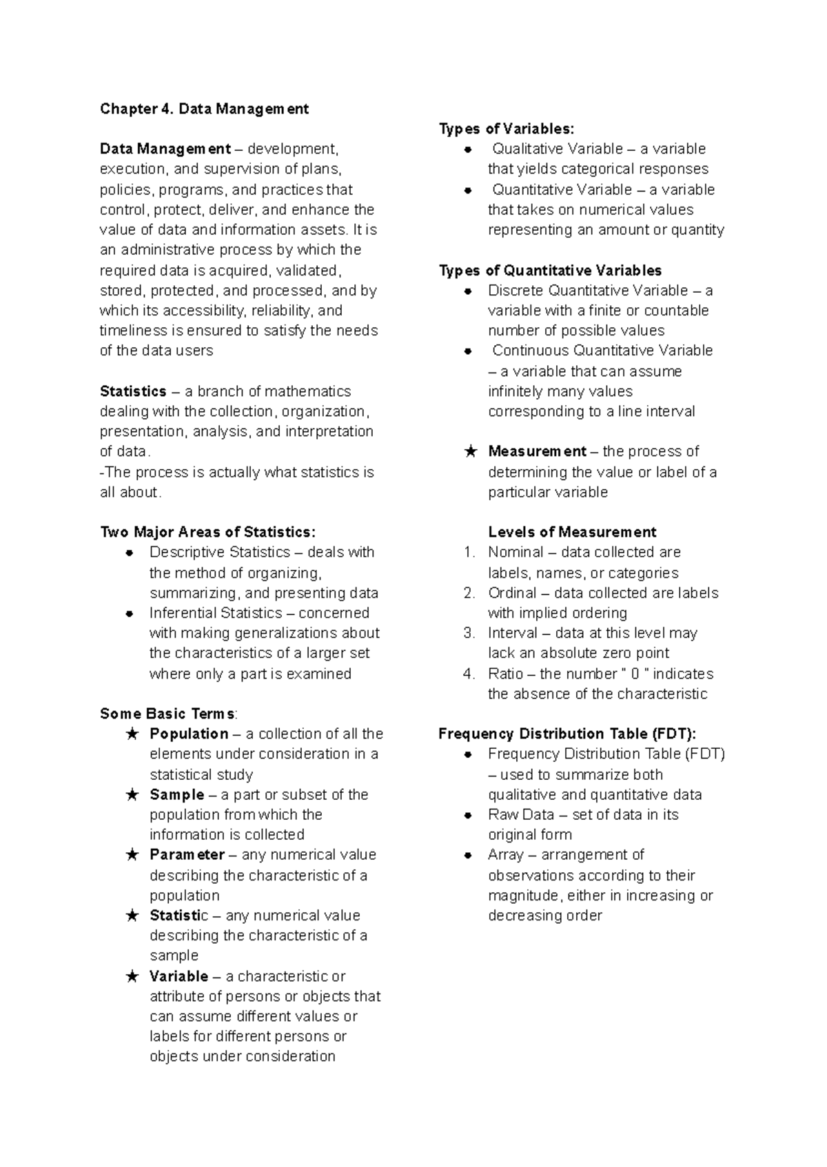 MMW - Chapter 4 Summary: Data Management & Statistics Concepts - Studocu