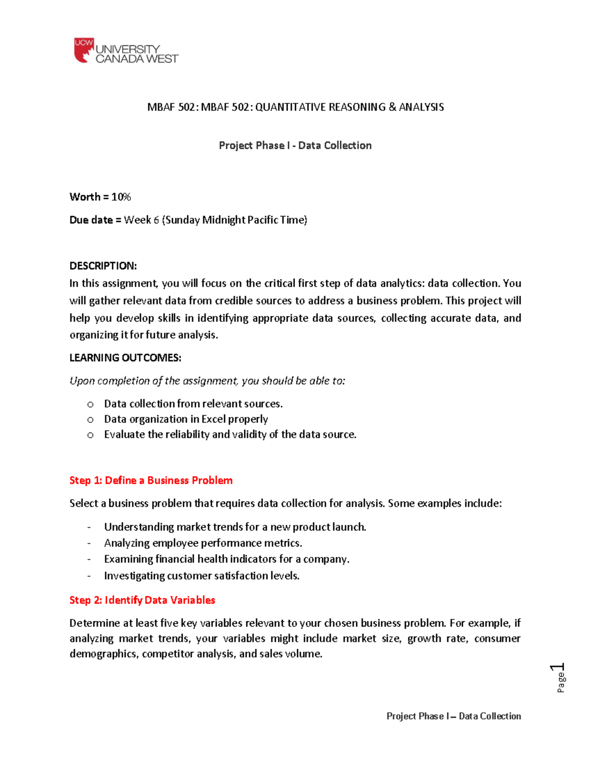 Project Phase I - Data Collection 10% FALL 2024p - Page 1 MBAF 502 ...
