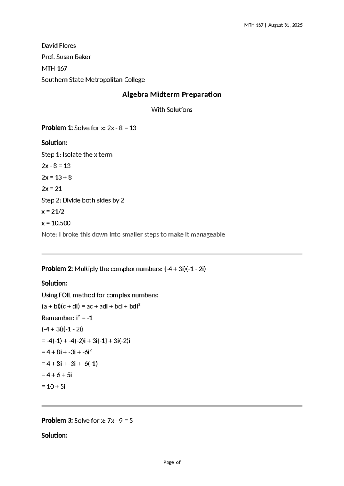 MTH 167 Algebra Midterm Prep Solutions - August 31, 2025 - Studocu