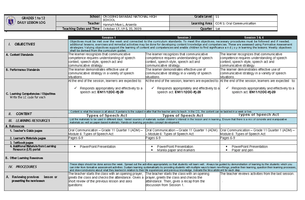 DLL Oral Communication Weekly Lesson Log - Week 2 (Quarter 1) - Studocu