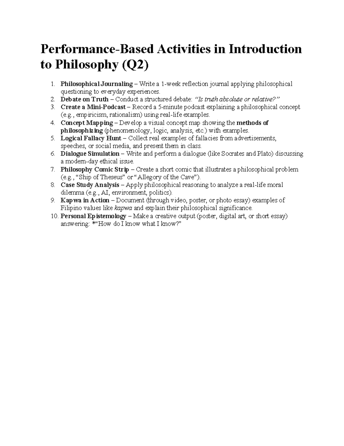 Performance-Based Activities for Intro to Philosophy (Q2) - Studocu