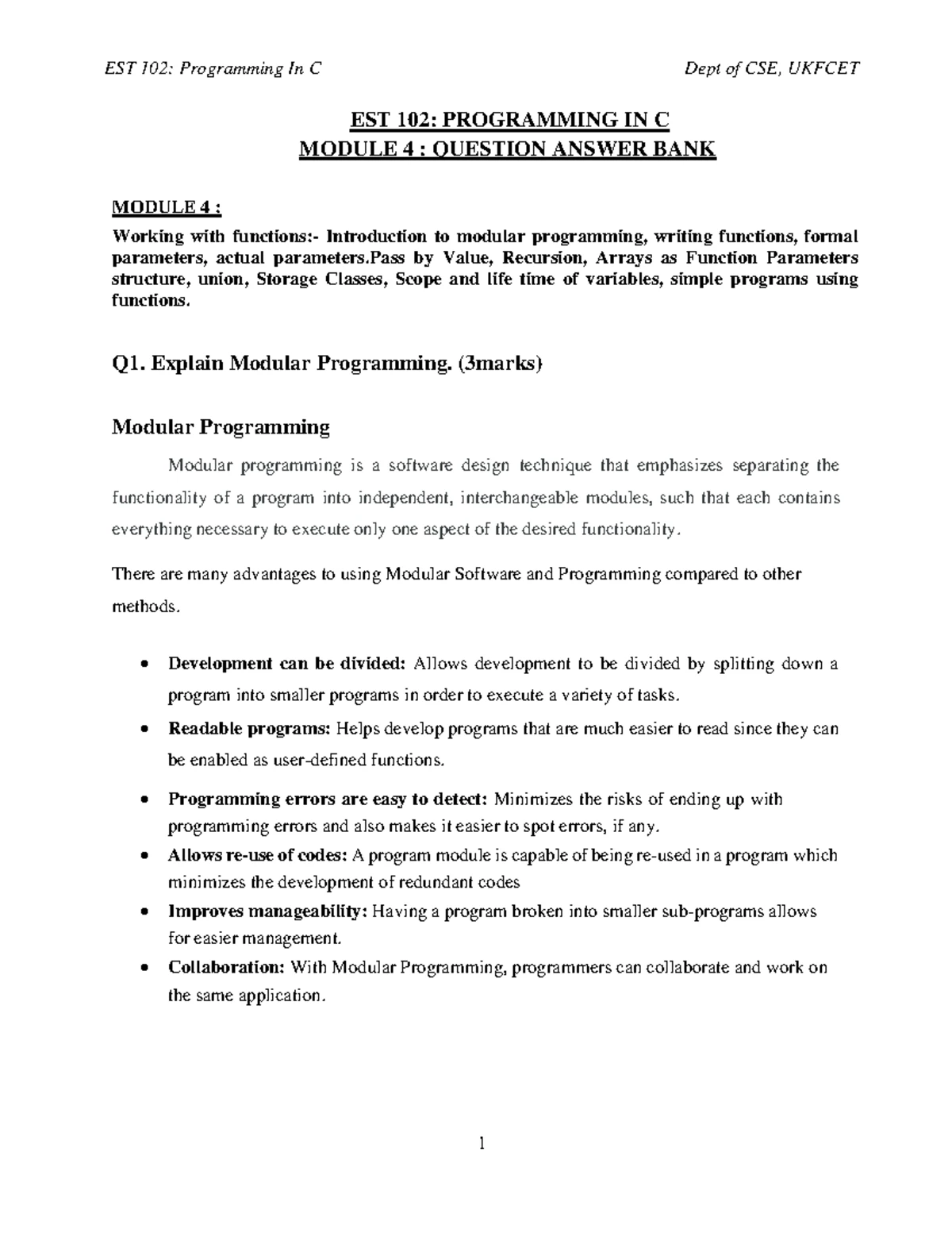 C PROG Module 2 QN BANK - Note by ktu students - EST 102: PROGRAMMING ...
