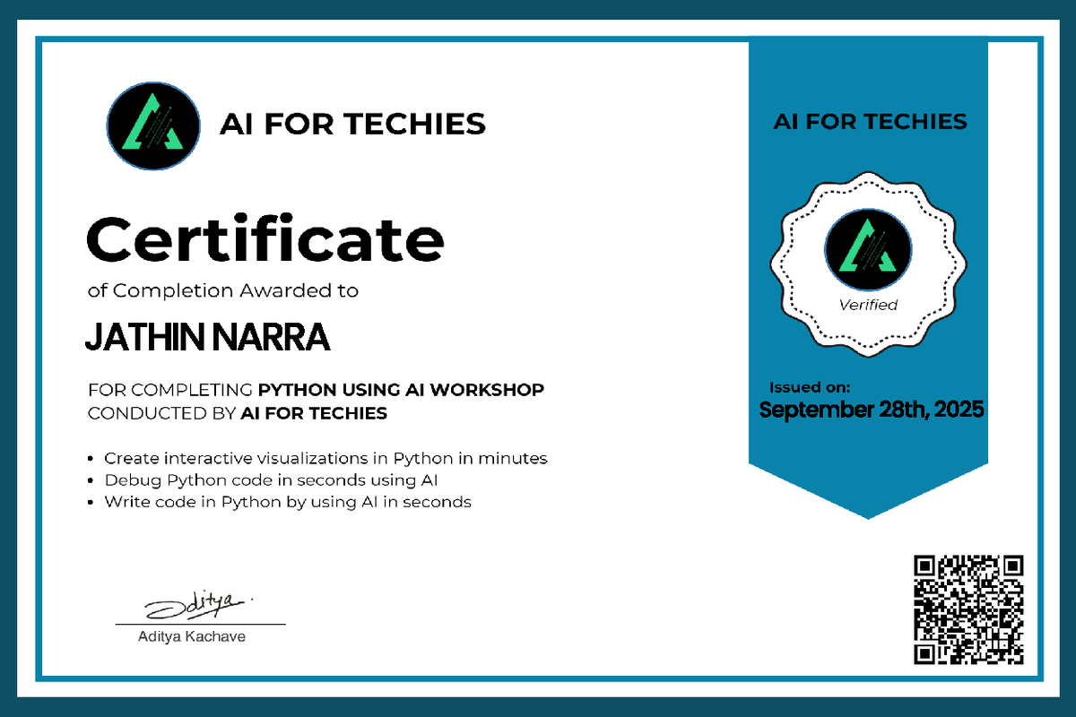 AI FOR TECHIES: Certificate of Completion for Python Workshop - Studocu