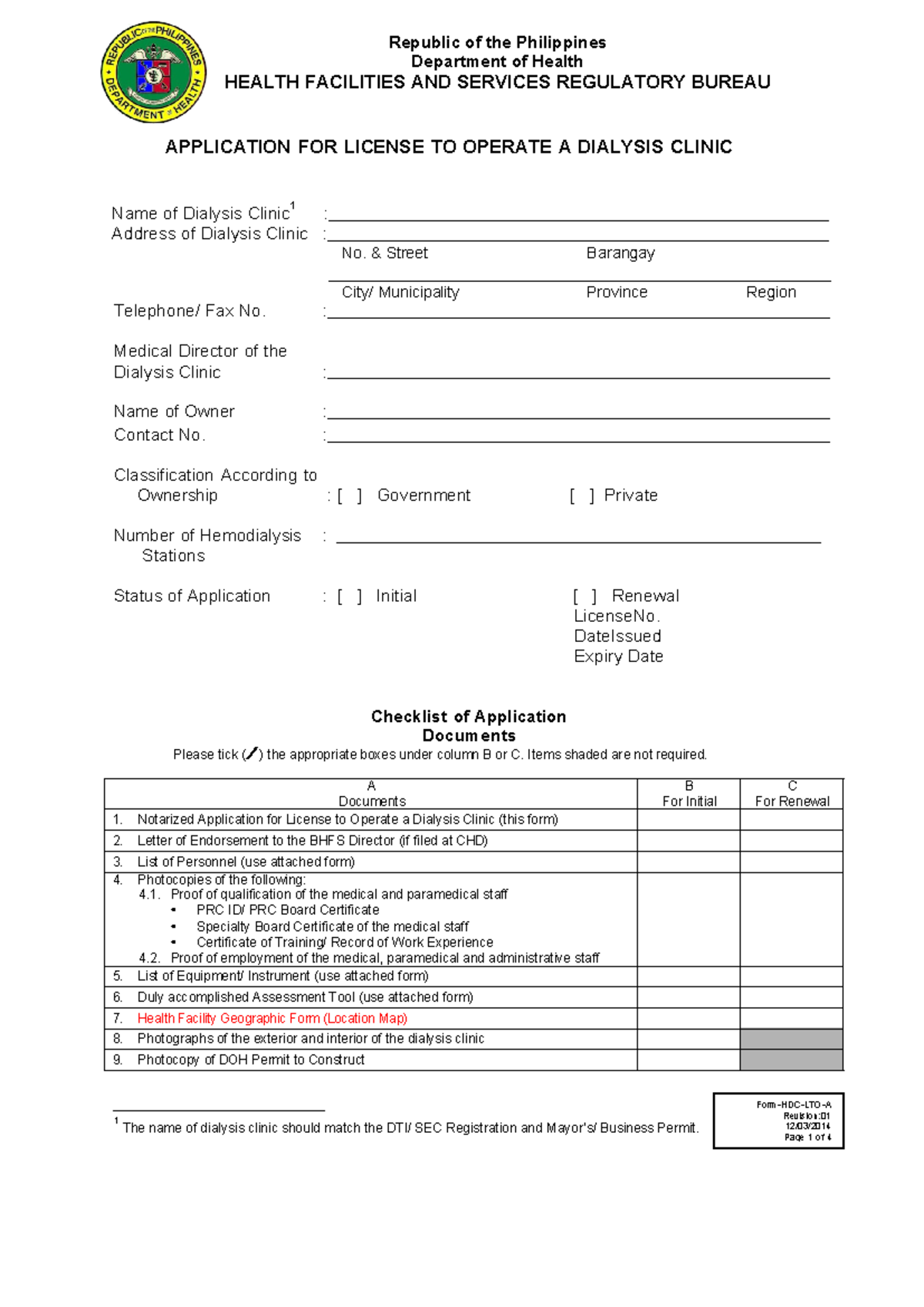 Application for License to Operate a Dialysis Clinic Form-HDC-LTO-A ...