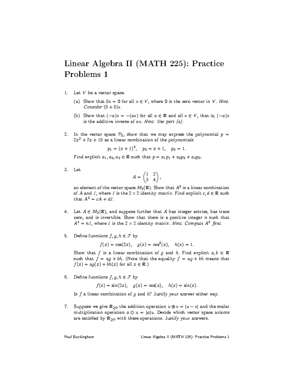 Practice Linear algebra questions Set 2 - Linear Algebra II (MATH 225 ...