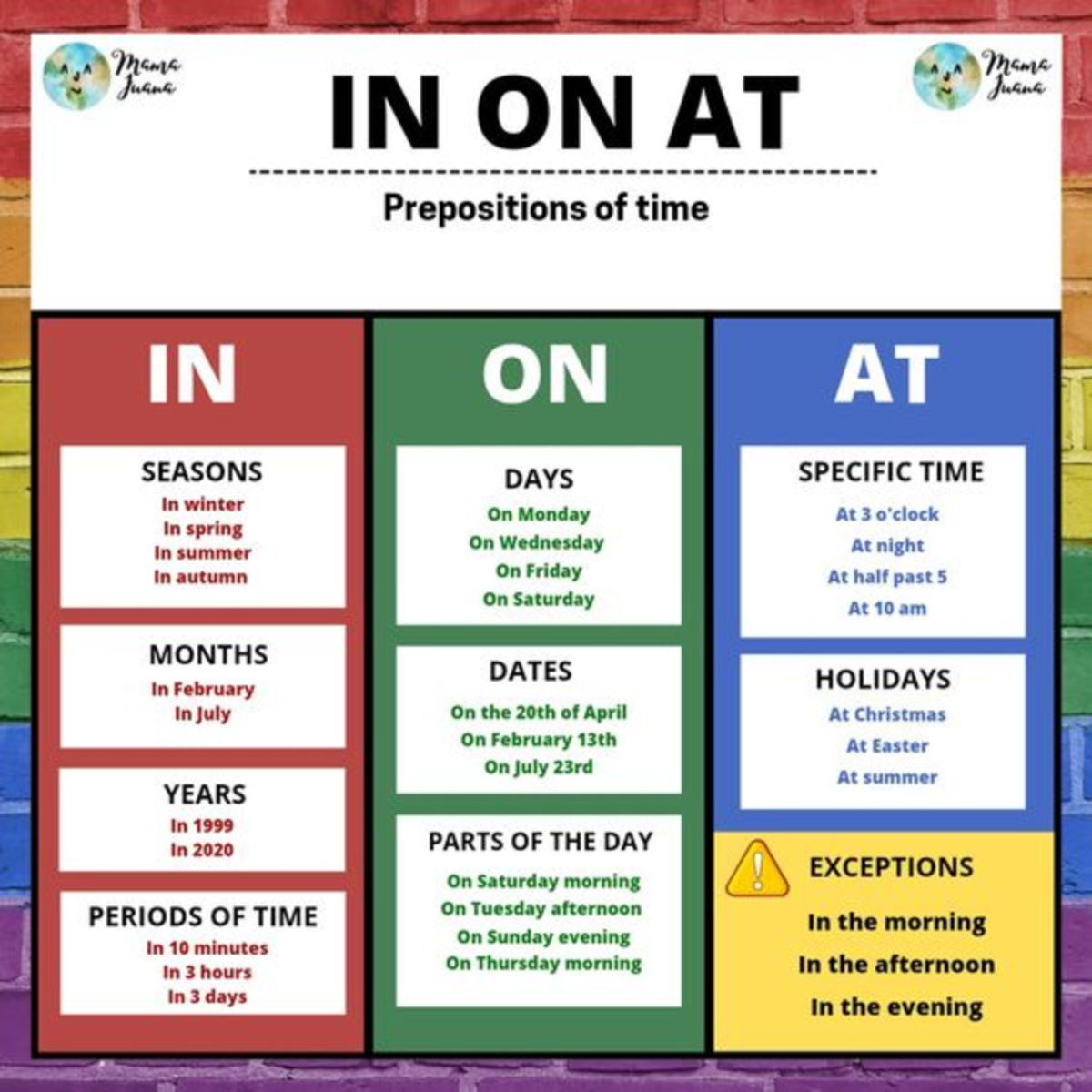 Prepo of time - Mame Mama Juana IN ON AT Juana Prepositions of time IN ...