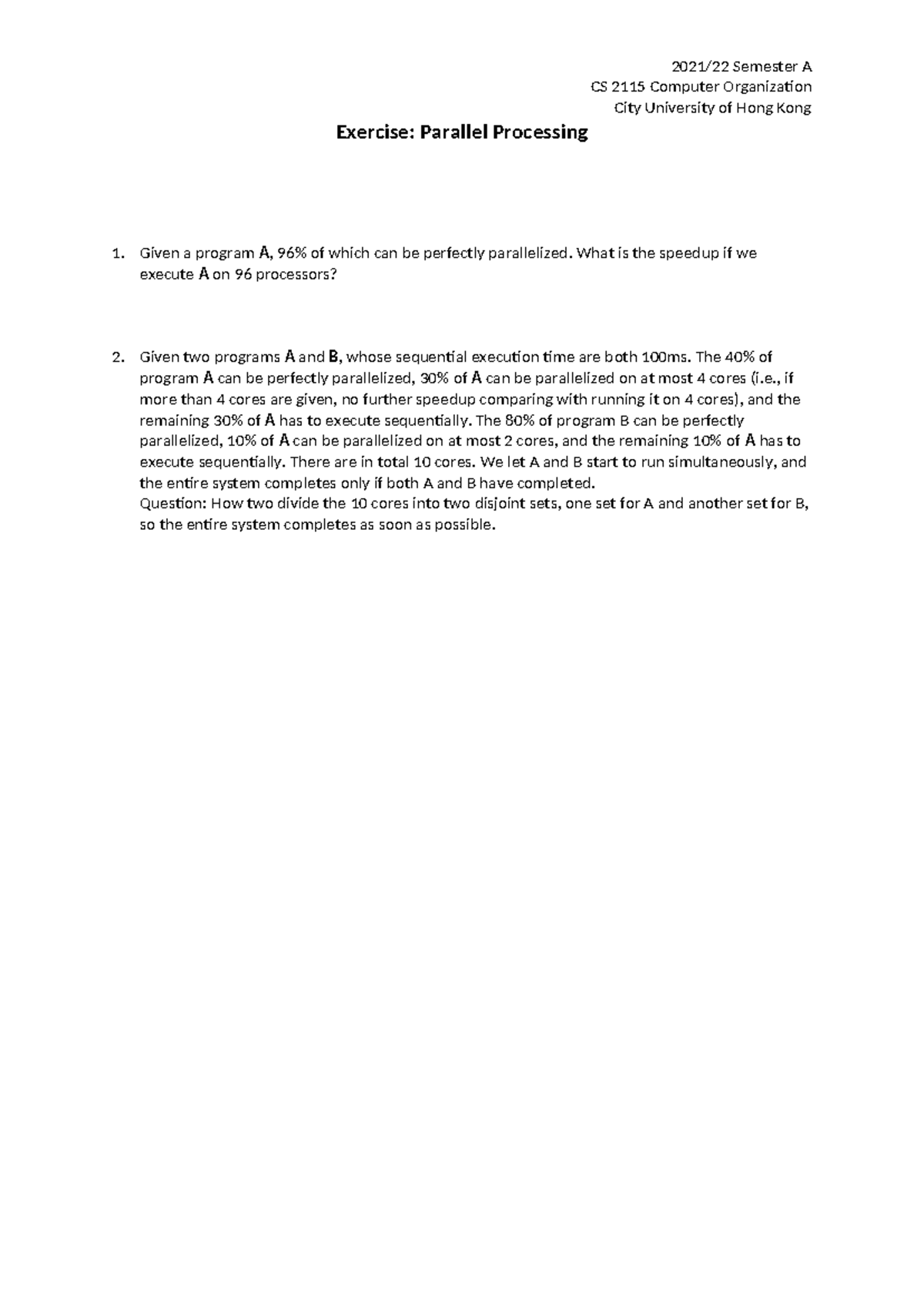 Exercise: Parallel Processing Practice Questions CS 2115 Semester A ...