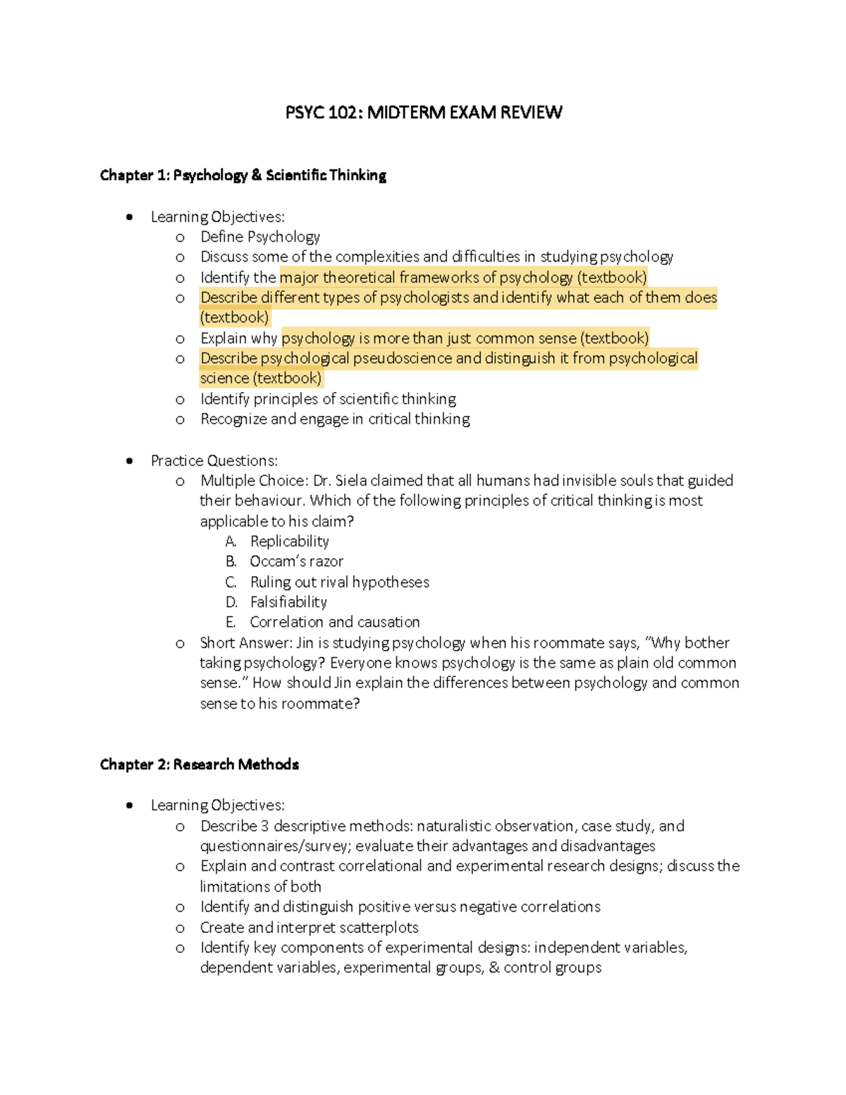 PSYC 102: Midterm 1 Exam Review Guide on Psychology Principles - Studocu