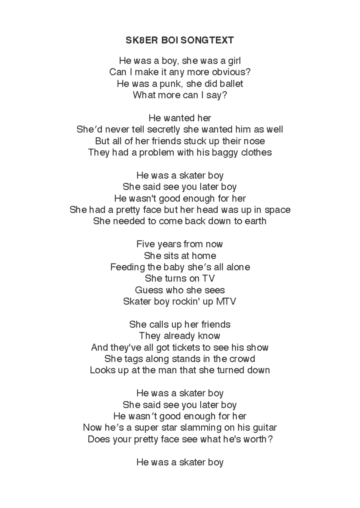 AVR 101 - SK8er Boi Song Lyrics Analysis - Studocu