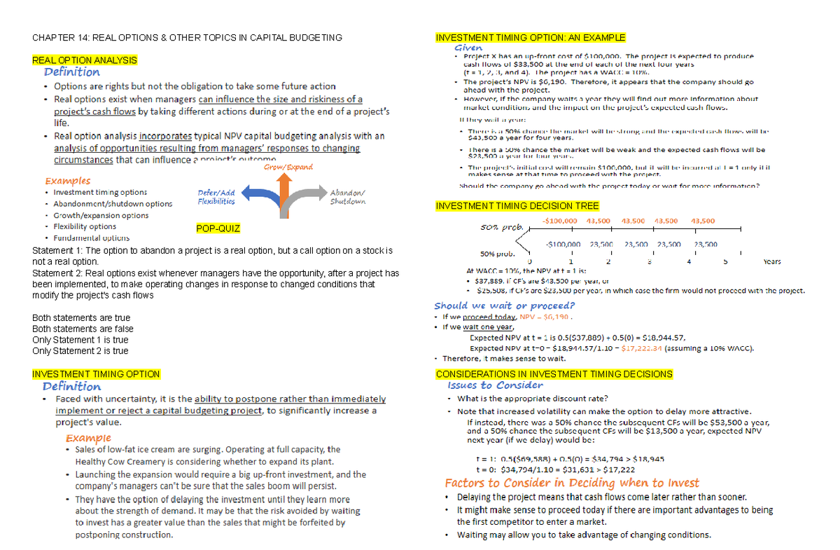 Chapter 14 Revision - Real Options & Capital Budgeting Overview - Studocu