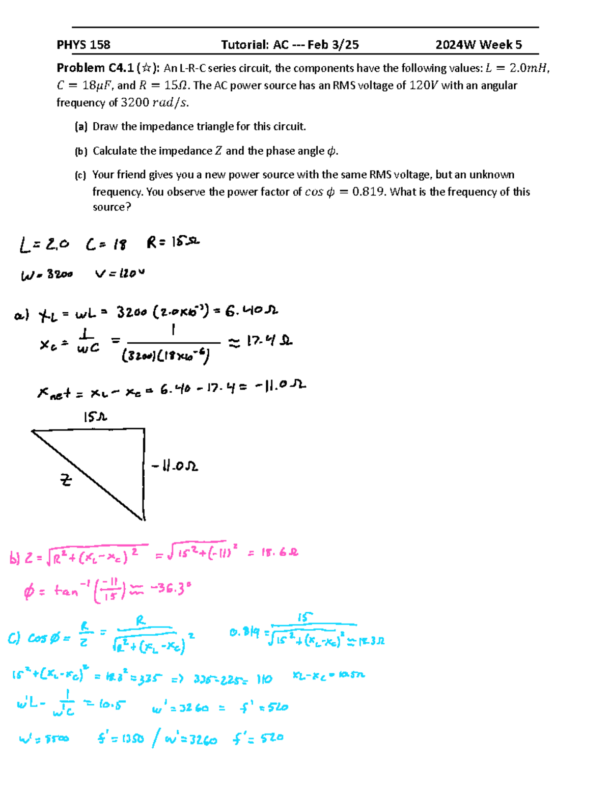 Worksheet Tutorial 4 - ####### PHYS 158 Tutorial: AC - Feb 3/25 2024 W ...