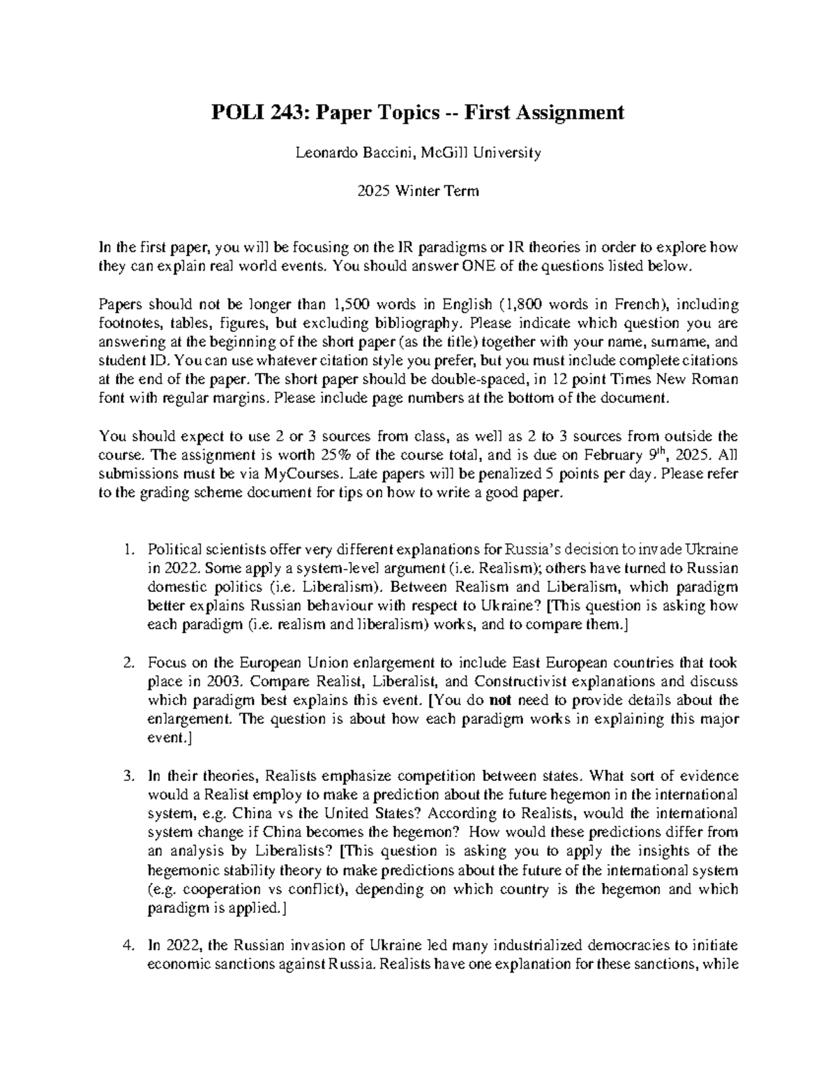 POLI 243: First Assignment Paper Topics on IR Theories and Paradigms ...